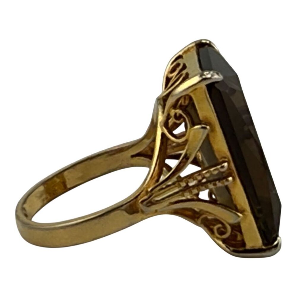 Womens Ring Size 8.5 Smoky Quartz 18K Gold Plated Filigree Faceted Rectangular - Picture 2 of 14